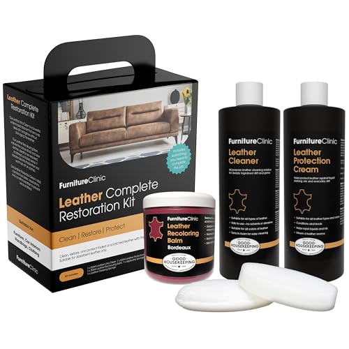 Furniture Clinic Leather Complete Restoration Kit | with Leather Recoloring Balm, Cleaner, 2-in-1 Protection Cream & Conditioner, Sponge, and Cloth | Repair Kit for Furniture (Bordeaux)