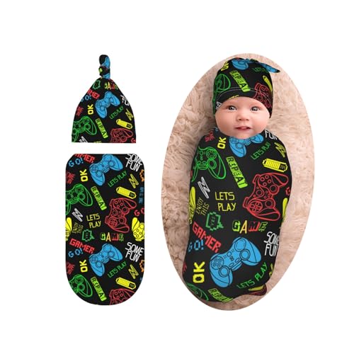 Image of Game Controller Gifts Swaddle Blanket for Boys with Beanie Set, Soft Gaming Baby Swaddle Sack Newborn Sleeping Sacks