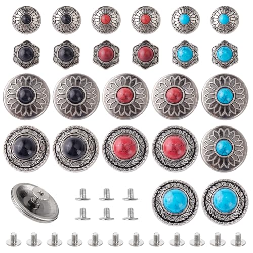 Conchos pour cuir vintage en métal ciselé et détails turquoise pour finitions de maroquinerie