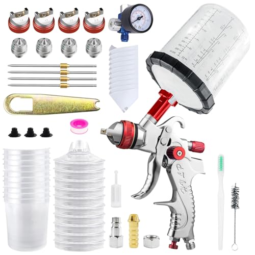 Image of HVLP Gravity Fed Air Spray Gun with 1.4 /1.7 /2.0 /2.5 mm Nozzles and 650cc Mixing Cups, Sprayer Paint Gun for Automotive Refinishing and Home Wall Finishing Applications (red)