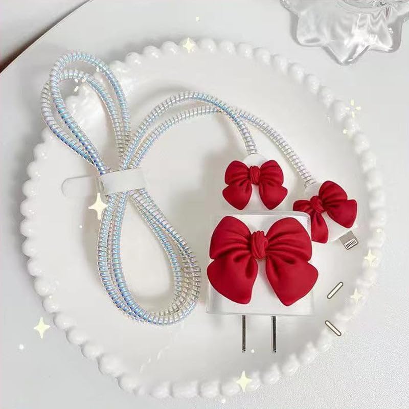 Image of EDNITA Charger Cable Protector with 3D Cute Pattern for iPhone Charger only 18W & 20W | Data Line Wire Saver Charging Cable Charger Protective Cable Full Protection Set of - 1 (Red Bow)