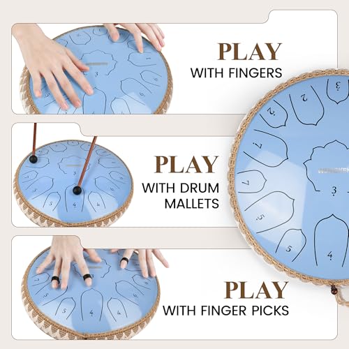 Steel Tongue Drum Pro - 14 Inch 15 Note Rain Drum - Percussion Instrument for Meditation and Music, Hand Pan Drums with Music Book, Mallets and Carrying Bag (Glossy Blue) by Weipoken - Used condition - Image 4