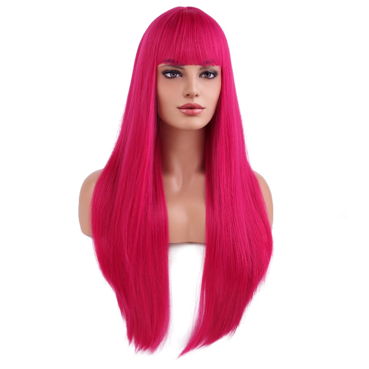 MAGQOO Hot Pink Wig with Bang Magenta Wig Long Straight Rose Red Wigs for Women Girls Heat Resistant Hight Density Synthetic Wigs (Hot Pink)