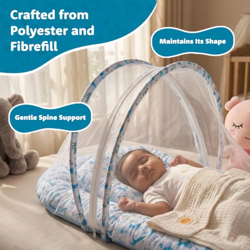 Image of Amazon Brand - Supples Baby Bed Mattress with Mosquito net | Animal Print | Blue