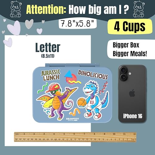 Image of BEARFOOT Kids Lunch Box with Compartments - Compact & Lightweight | Leak-Proof, BPA-Free, Dishwasher Safe | Hand-Drawn Design for Preschool, School, Travel (Dinos Blue, 4 Cups) | BPA Free Leakproof Lunch Box with Compartments School & Nursery for Girls & Boys Lightweight & Compact