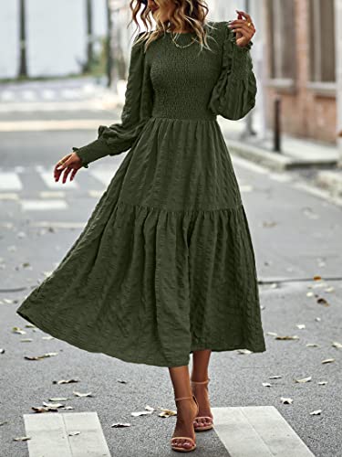 Image of PRETTYGARDEN Women 2026 Spring Puff Long Sleeve Crewneck Smocked Maxi Dress Empire Waist Tiered A-line Swing Flowy Long Dress