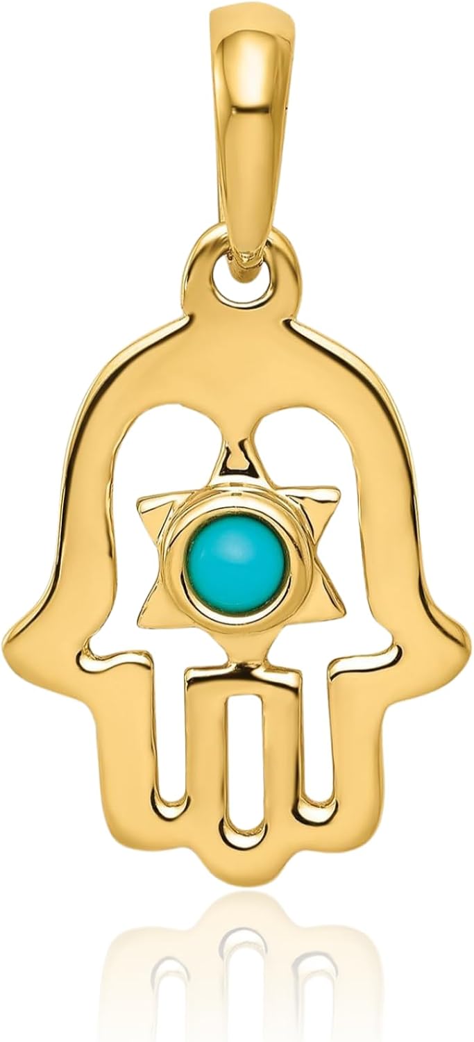 IceCarats 14K Solid Yellow Gold Star of David 0.06 carat Blue Turquoise Medium Hamsa Hand Evil Eye Pendant Necklace 25mm 1 inch Round Cut, Natural For Her