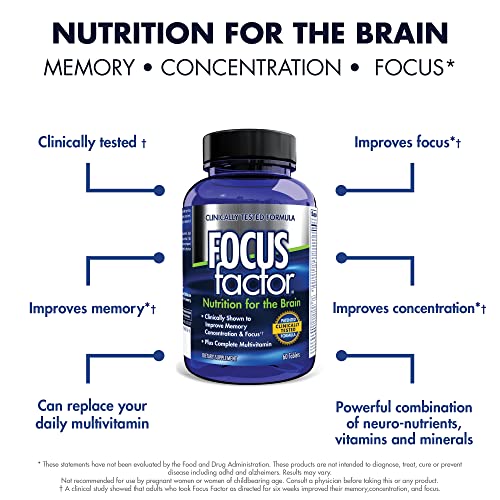 Focus Factor Nutrition For The Brain, Improved Memory & Concentration Brain Supplement, Complete Multivitamin With Vitamins B6, B12, D, Bacopa Monnieri & Tyrosine, 60 Count (2 Pack) #TOP3