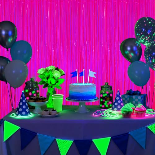 Image of 2 Pack Glow in The Dark Party Streamers, Neon Party Decorations Fluorescent Macaron Fuchsia Tinsel Foil Fringe Curtains, Photo Booth Prop Backdrop Streamers, Birthday Halloween Party Decorations