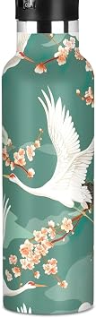 زجاجة مياه رياضية Qilmy White Crane مع غطاء من القش، مقاومة للتسرب، مزدوجة الجدران معزولة بالفراغ، كوب سفر من الفولاذ المقاوم للصدأ للأطفال والبنين والبنات