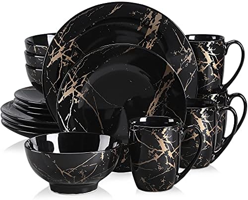 LOVECASA, Series Sweet, 16 Pieces Porcelain Dinner Set Color Glaze with Gold Plate Crockery Set Kitchen Dinnerware Set with Dinner Plates, Dessert Plate, Bowls and Mugs, Service for 4, Dark Green