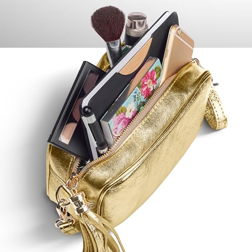 Image of Italian Genuine Metallic Suede Crossbody Bag for Women with Zipper | Small Leather Camera Purse Shoulder Handbag Pocketbook