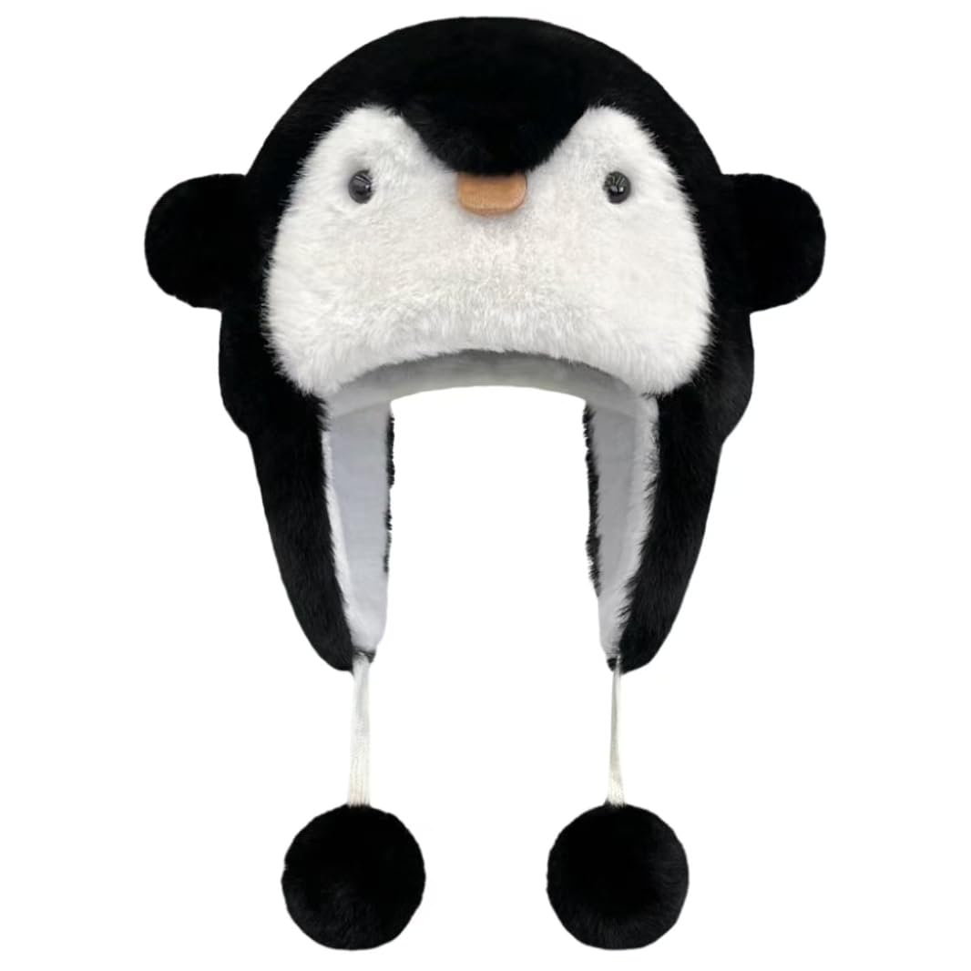 Fuzzy Winter Hat Thick Plush Bearnie Faux Fur Warm Cute Penguin with Cat Ears and Pompoms White and Black