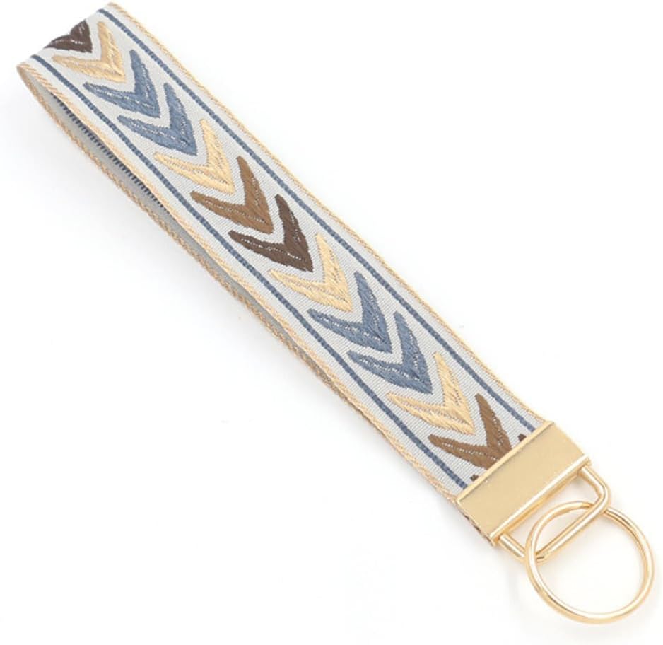 Boho Embroidered Wrist Keychain for Women Cute Handmade Fabric Floral Wristband Lanyard Car Key Chain Bag Charm