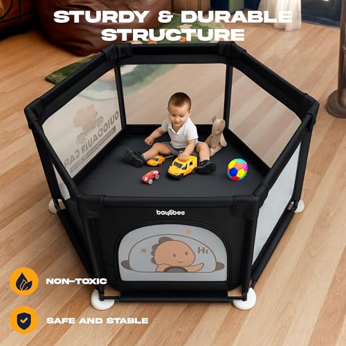 Image of Baybee Neo Kids Playpen for Babies | Baby Activity Playards with Zipper Lock & Corner Protection | Baby Play Area Indoor Setup with Hexagon shape for Extra Space | Outdoor Play Pen for Baby up to 5 Years (Black)