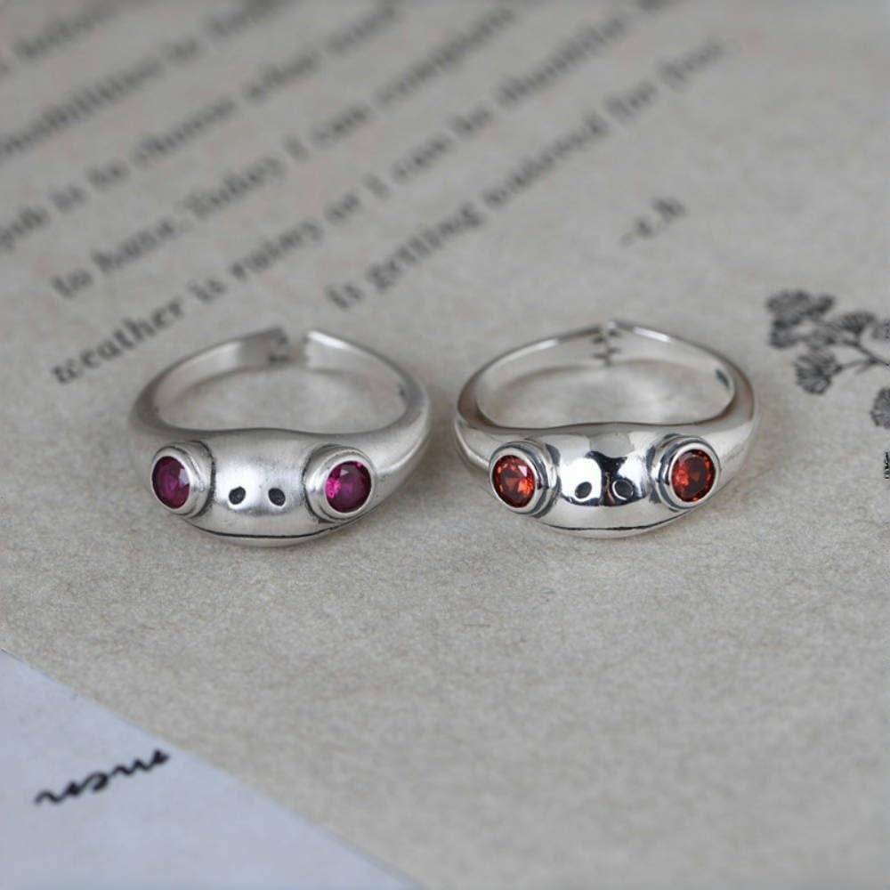Retro Vintage 925 Sterling Silver Frog Ring with Stones for Women Girls Open and Adjustable