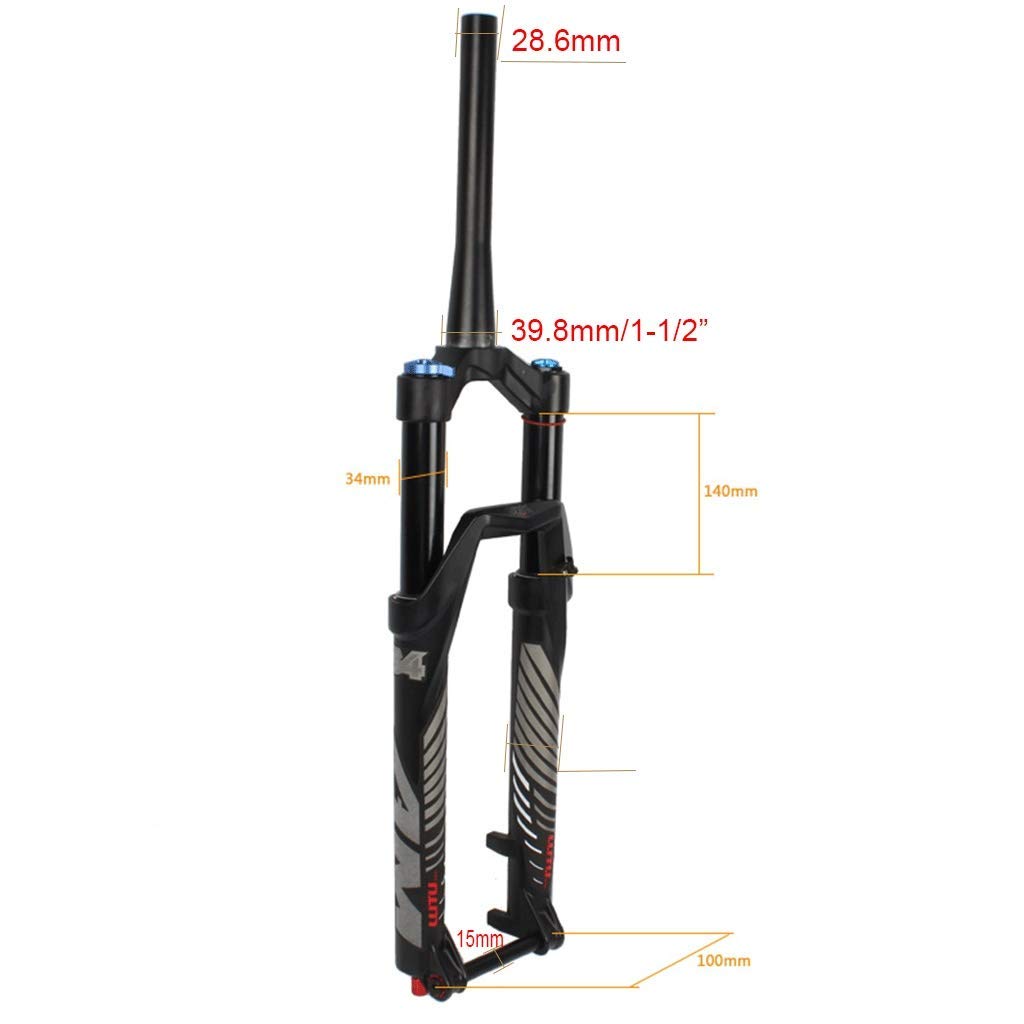 Fourche Avant de vélo VTT à Suspension pneumatique 26"/27,5"/29", Amortisseur réglable, Tube Conique 1-1/2", Blocage Manuel/à Distance, débattement 120 mm, axe 15-100 mm