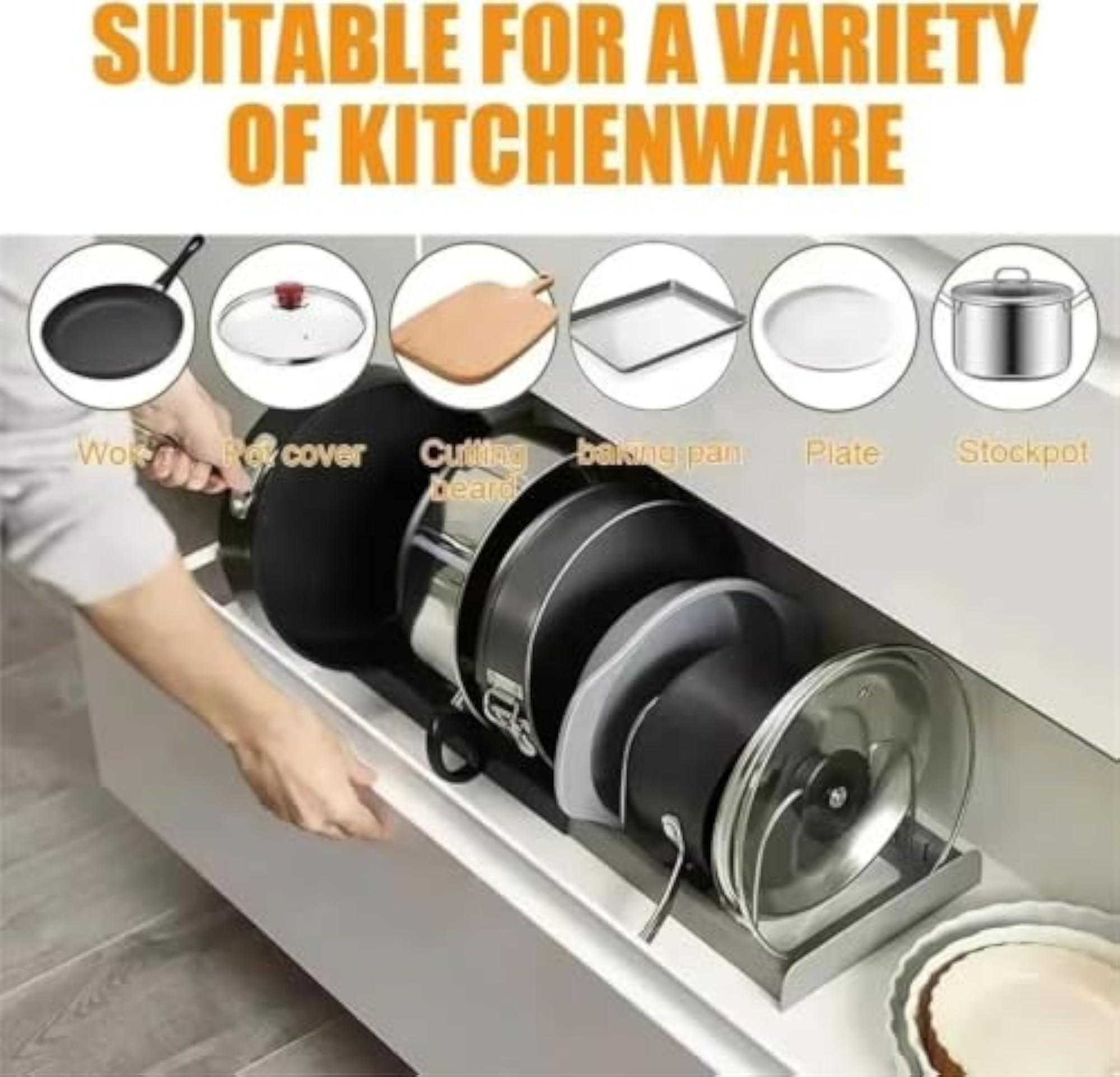 Expandable Pot and Pan Organizer Rack for Kitchen Cabinets