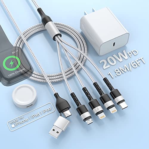 4 in 2 Apple Watch Cable for Apple Watch/iPhone/Airpods, 20W PD USB C Charger Power Adapter with 6FT iWatch Magnetic Multi Charging Cable with iPhone/Type C/Micro Connectors for Laptop/Tablet/Phone