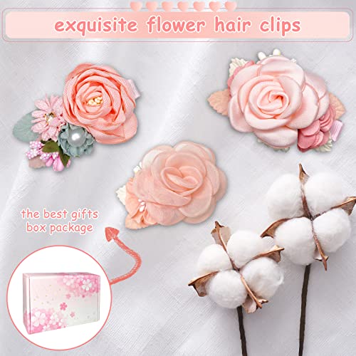 Yuearn 12Pcs Baby Girl Flower Hair Clips, Pink Floral Hair Clip For Girl White Imitation Pearl Hair Clips, Pink White Fully Lined Alligator Clips, Non Slip Handmade Hair Accessories For School Party #TOP2