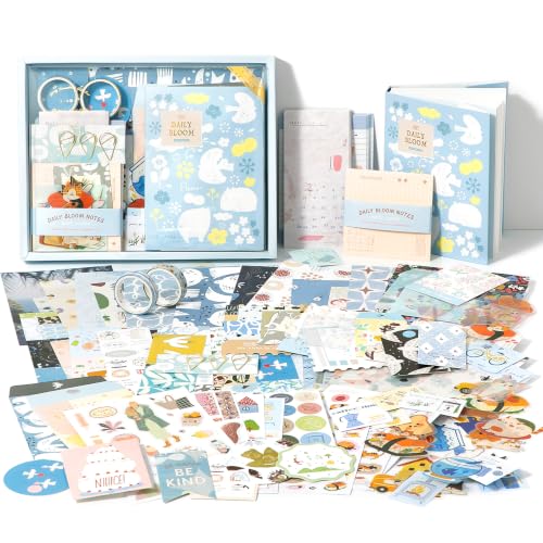 Image of The AutoStory Vintage Scrapbook Album Kit - A6 Junk Journal Notebook with Aesthetic Stickers, Collage Paper Pack & Washi Tape - DIY Journaling Supplies Gift for Teens & Girls (Daily Bloom, Blue)