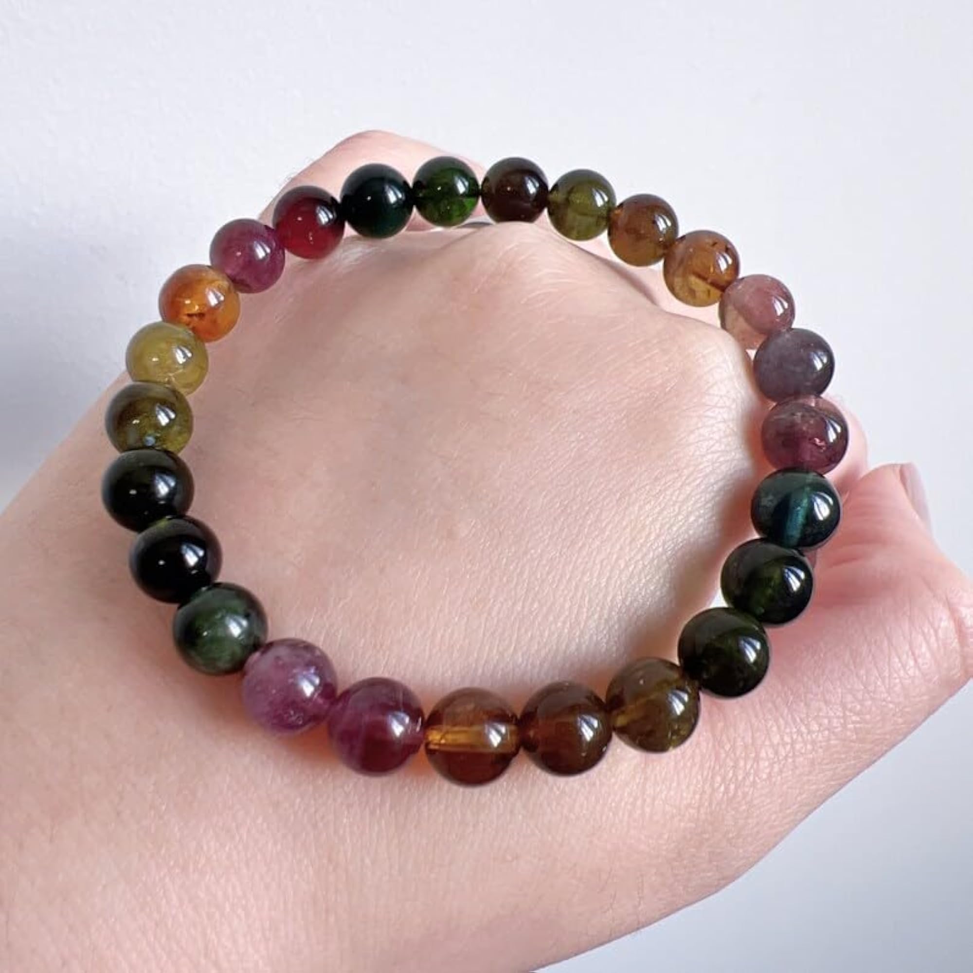 Unisex Natural Rainbow Tourmaline 8mm Smooth Cut Bead Stretch Bracelet