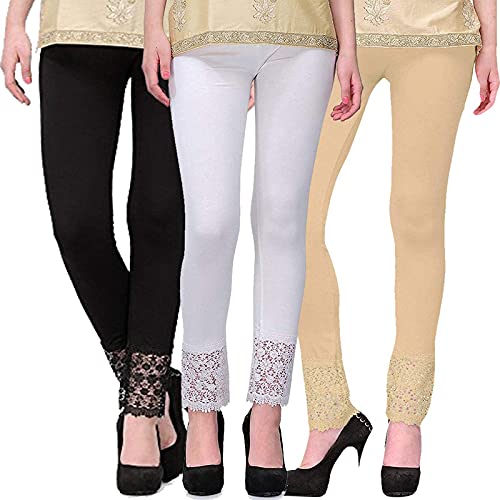 SwaNit Women's Slim Fit Cotton, Lycra Leggings (SDLaceLegging-3_Free Size)