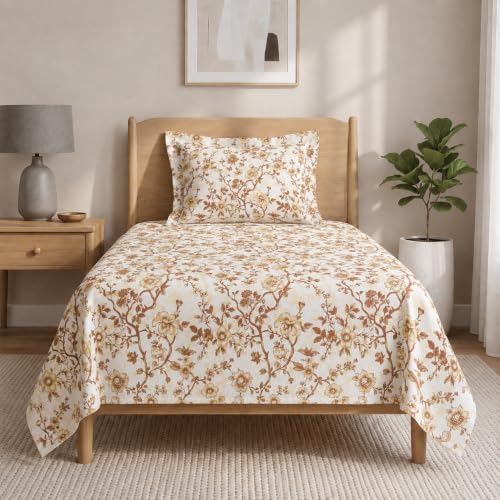Image of LANE LINEN Symphony | 100% Cotton Sheet Set | Soft & Breathable Fabric | 2 Piece (1 Bedsheet + 1 Pillow Cover) | Single Bed Sheet Set - Gold Flower Pattern