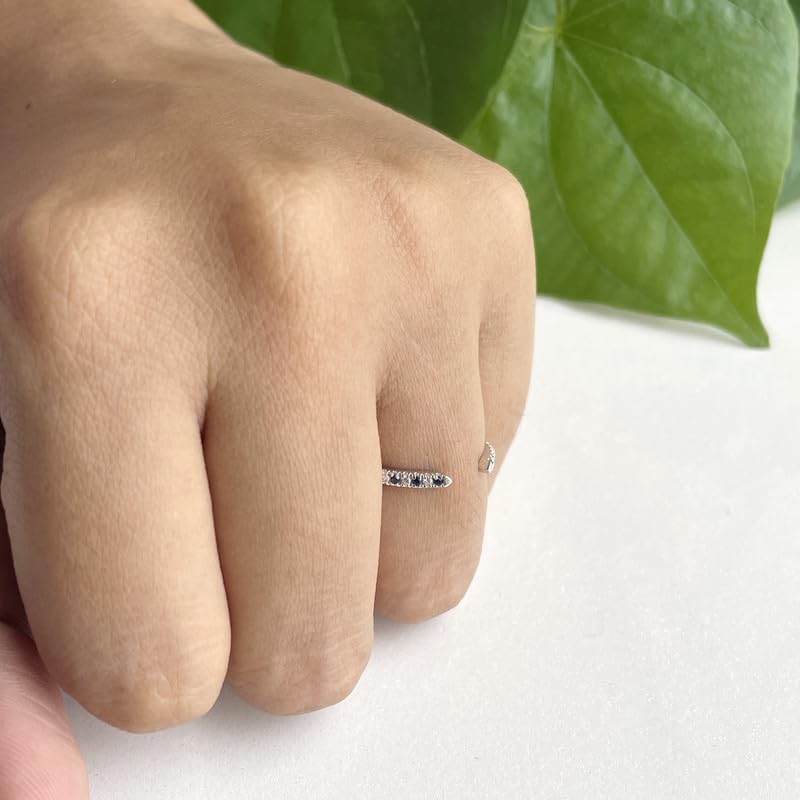 Blue Sapphire & White Diamond Open Wedding Band For Women, 14k Gold Finish Sapphire Wedding Band, Ladies Alternate Diamond Ring