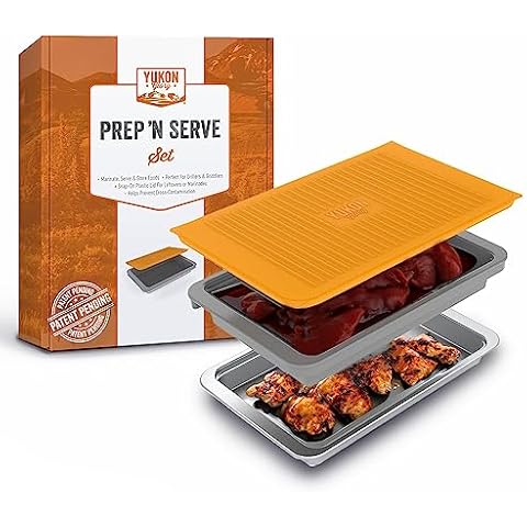 Food Prep BBQ Tray - The Yukon Glory™ Grill Prep Trays Include Plastic Marinade Container for Marinating Meat & Stainless Steel Serving Platter for All Your Grilled Barbecue - BBQ Prep 'N Serve™ Set Cover