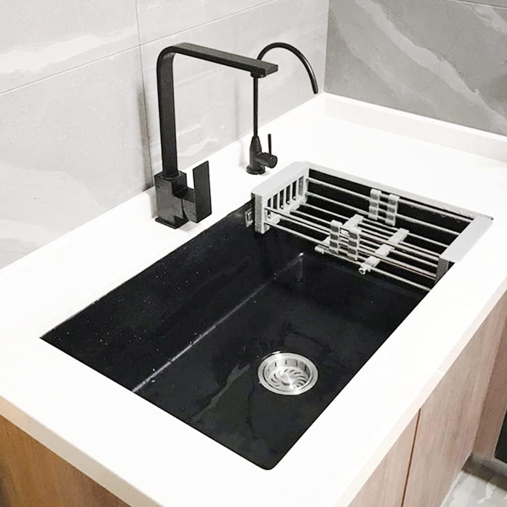 Kitchen Sinks,Kitchen Sink Brushed ​Sink, Quartz Stwith Faucet, Drop-In Ordermount Installation/Black/77X47Cm