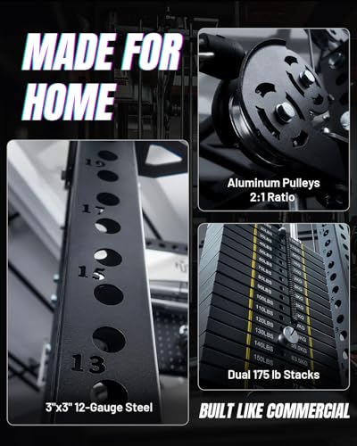 Mikolo Anubis-2.0 Smith Machine with Weight Stack, 3“×3” All-in-One Power Cage with LAT Pulldown & Cable Crossover, 3200LBS Multi-Function Trainer with Aluminum Pulley System for Fitness Home Gym - Image 6