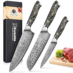 Kuwata Chef Knife Set, 3PCS Professional Damascus Black Gold Series VG10 Damascus Steel Kitchen Knife Set with G10 Ergonomic Handle, Knife Set Elegant Gift Box for Home Restaurant