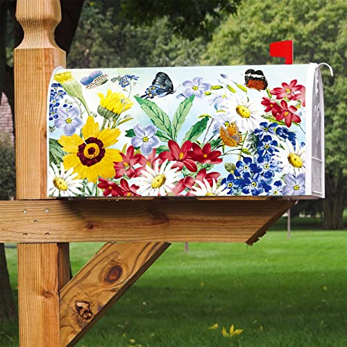 Image of Texupday Spring Summer Flower Butterfly Decoration Mailbox Cover with Magnetic Strip Colorful Floral Blooms Mailbox Wraps Post Letter Box Cover Standard Size 21 inch X 18 inch for Garden Outdoor Yard Decor