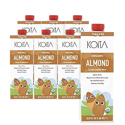 Koita Italian Organic Unsweetened Almond Milk, Non Dairy, Plant-Based, Nut Milk, Shelf Stable 1L (6-pack)
