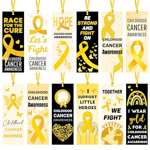 Haooryx Childhood Cancer Awareness Month Bookmark - 120Pcs Yellow Gold Ribbon Bookmark Lets Fight Childhood Cancer Book Marker for Gold Ribbon Awareness Seminar Handout School Hospital Charity Supply