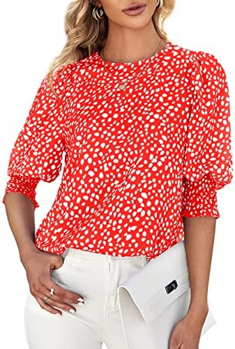 Teurkia Women's Casual T-Shirt Polka Dot 3/4 Sleeves Pullover Spring Blouse Red