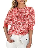 Teurkia Women's Casual T-Shirt Polka Dot 3/4 Sleeves Pullover Spring Blouse Red
