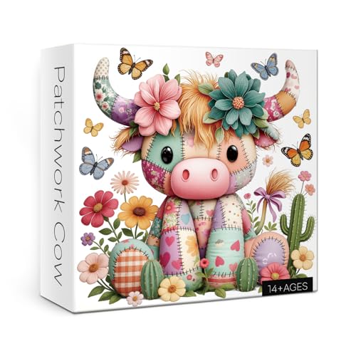 Highland Cow Flower Puzzle para Adultos 1000 Piezas, Rompecabezas Patchwork de Colcha, Rompecabezas de Mariposas Coloridas miniatura 1