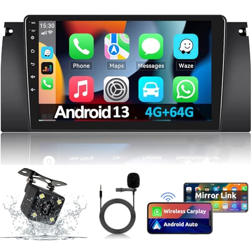 Radio para coche con CarPlay inalámbrico, Android 13 y cámara de visión trasera de 4 LED