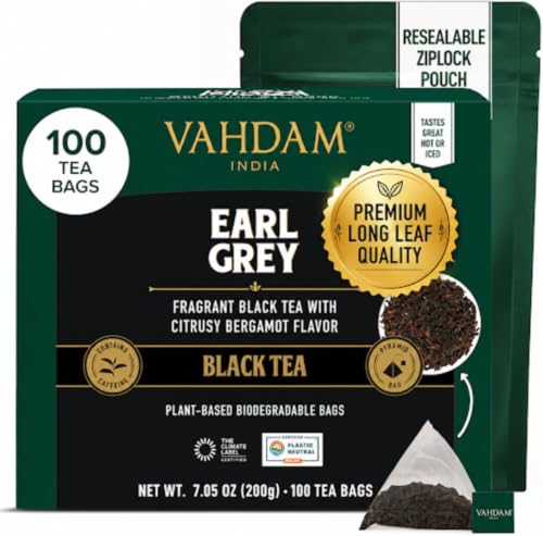 Image of VAHDAM, Earl Grey Black Tea Bags (100 Count) Medium Caffeine, Non GMO, Gluten Free | Citrus Bergamot & Smooth | Resealable Ziplock Pouch | Plant Based Tea Bags
