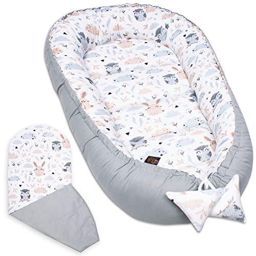 PaLulli® Babynest, multifunktionales Kuschelnest mit Weiches zusätzlicher Matratze, Kokon, Nestchen, Babybett, Reisebett für Neugeborene, 100% Baumwolle Oeko-TEX … (Owls)