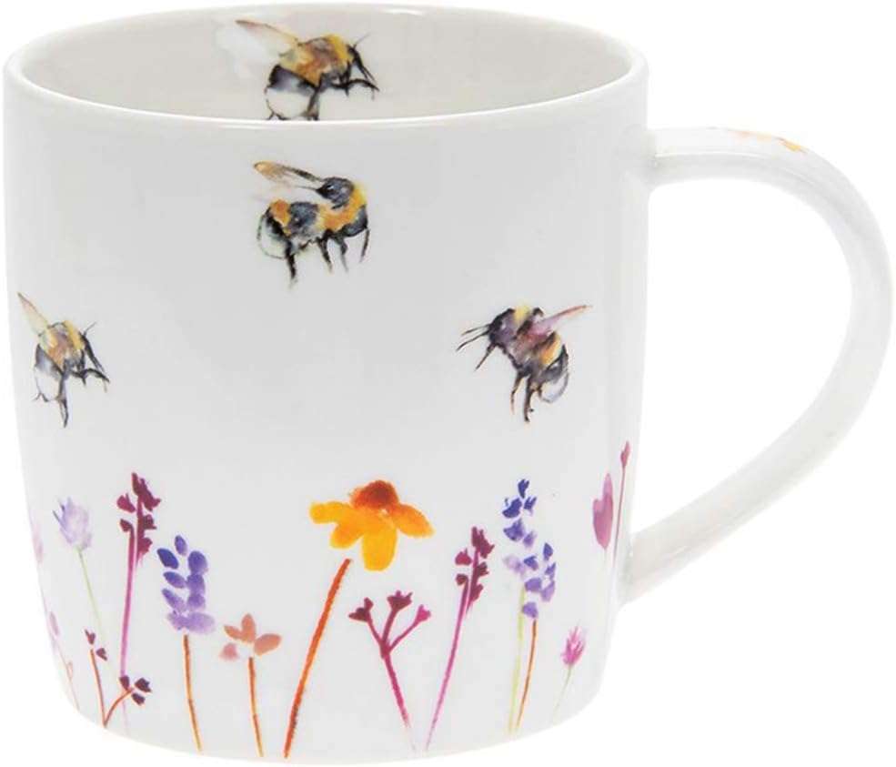 Fine China Floral Mug with Busy Bees & Flowers Artwork, 12cm x 12cm, 400ml, Microwave & Dishwasher Safe, Gift Boxed