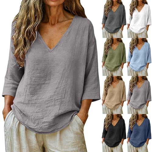 Summer Outfits for Women Over 50 Womens Summer Tops Casual Linen Cotton Tunic Blouse 3/4 Sleeve...