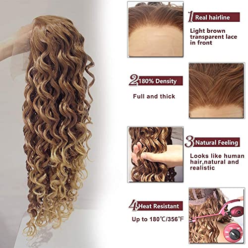 Ebingoo Brown Lace Front Wig For Women Honey Blonde Wig Light Long Curly Brown Synthetic Wig Caramel Hair Wig For Women Girls Daily Wear #TOP2