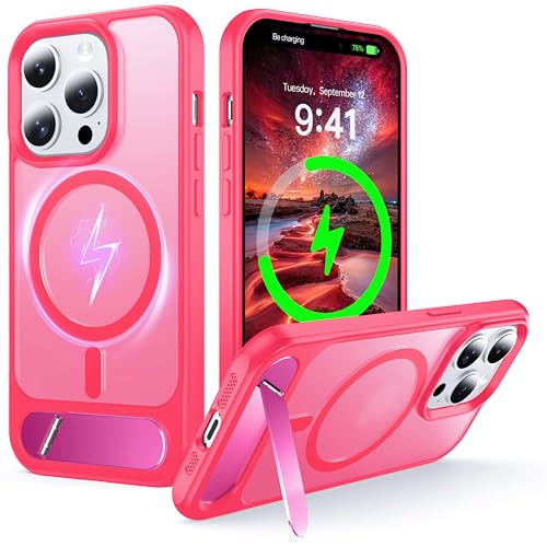 NJROW iPhone15 Pro �p �P�[�X �}�O�l�b�g�X�^���h MagSafe�Ή� [�X�^���h&���C�����X�[�d 2in1] [���ߍ��݉B���u���P�b�g] [�~���^���[�ϏՌ�] �X���� ������ �}�b�g�V���R (�s���N)