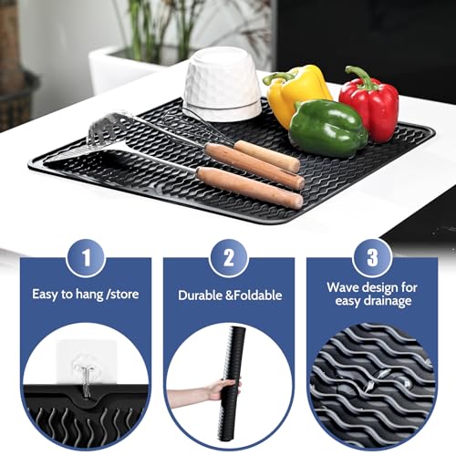 KitchenRaku Abtropfmatte Geschirr 40x30cm, Hitzebeständige, rutschfeste Abtropfmatte aus Silikon als Spülmatte und Abtropfunterlage für die Spüle im Tischset