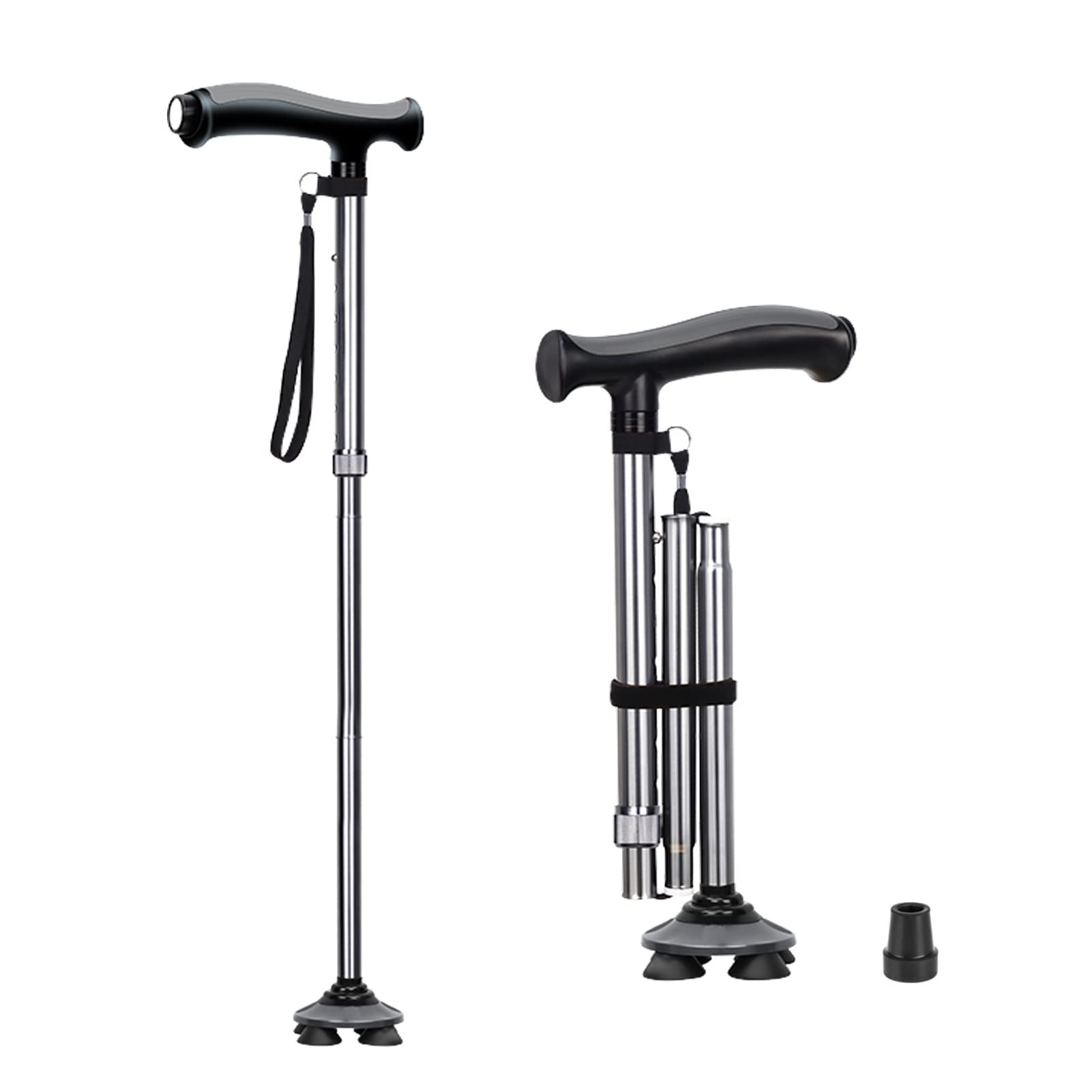 Bastón Plegable con Luz LED, Regulable en Altura, Bastón Cuádruple Ligero para Hombres y Mujeres (Color : Plata)