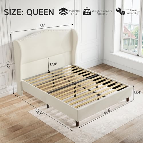 Image of Yaak King Size Bed Frame Upholstered, Platform Bed Tall Headboard 52 inch, Modern Nailhead Trim Headboard Wingback, No Box Spring Needed, Wood Slats Support, Easy Assembly, Cream