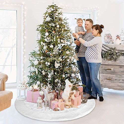 Saia para árvore de Natal Townshine de 122 cm de pele sintética branca com lantejoulas e flocos de n